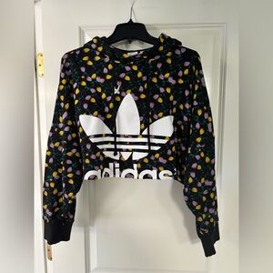 Adidas Originals Floral Crop Hoodie Women’s S Black Big Trefoil Logo